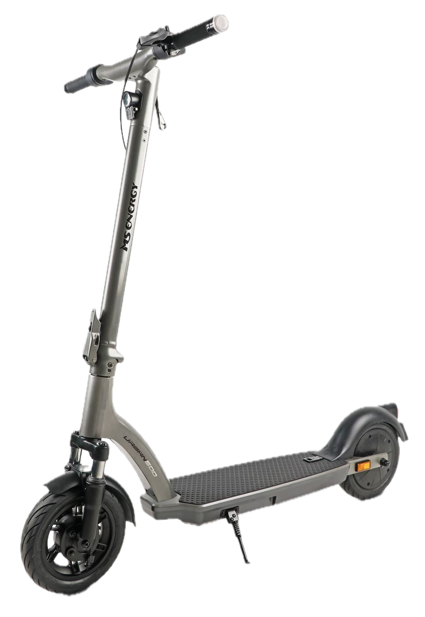 Silver electric kick scooter available for rent